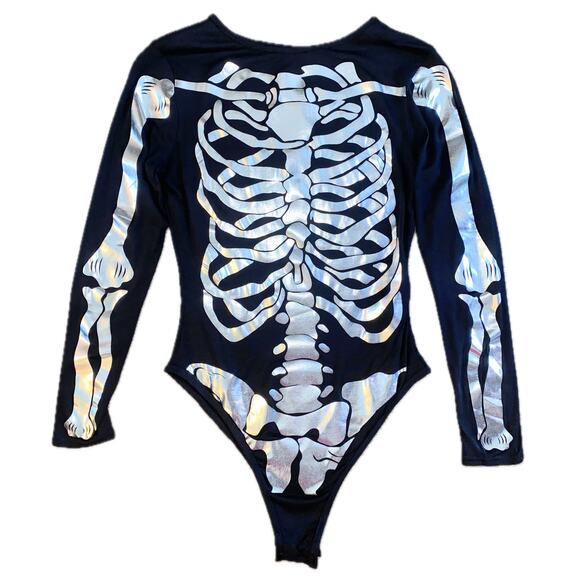 New‎ Small Halloween Metallic Skeleton Bodysuit Costume Long Sleeve Silver Goth - Picture 1 of 4